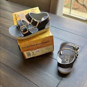 Salt Water Sandals by Hoy Kids Brown Leather Buckle Sandals with Gold Hardware